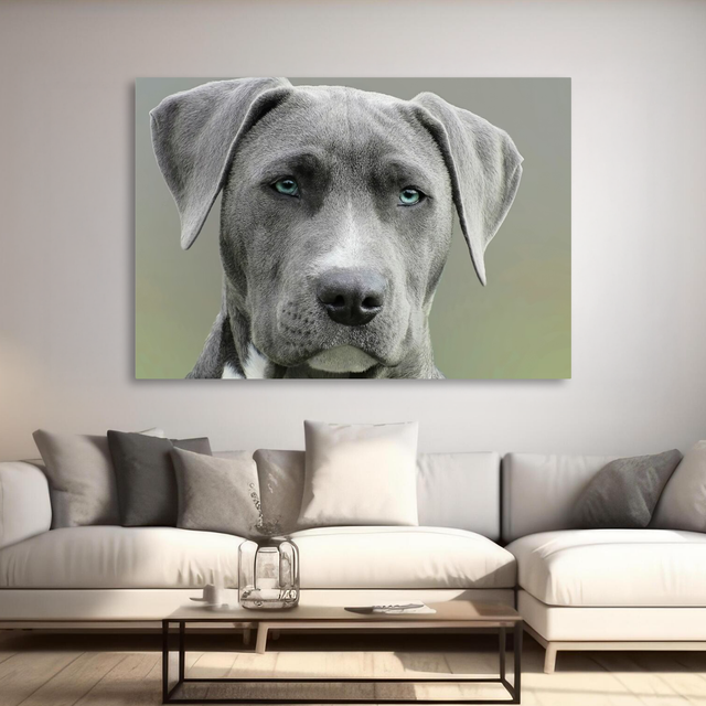 Tablou Canvas Portret Câine cu Ochi Albaștri, Fotografie Canină, Gri-Verde IPCVANI-313