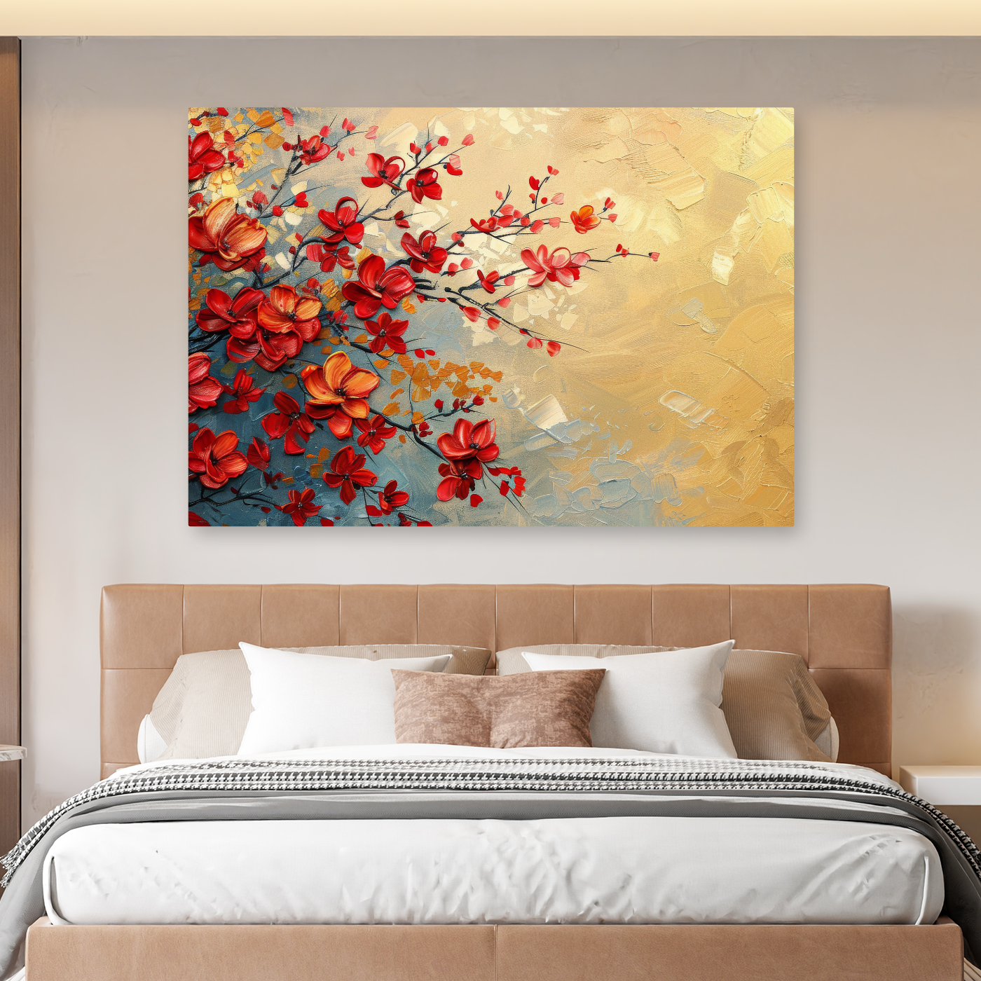 Tablou Canvas Ramuri Înflorite Roșii, Pictură Texturată, Roșu-Auriu IPCVBST-6 Dormitor