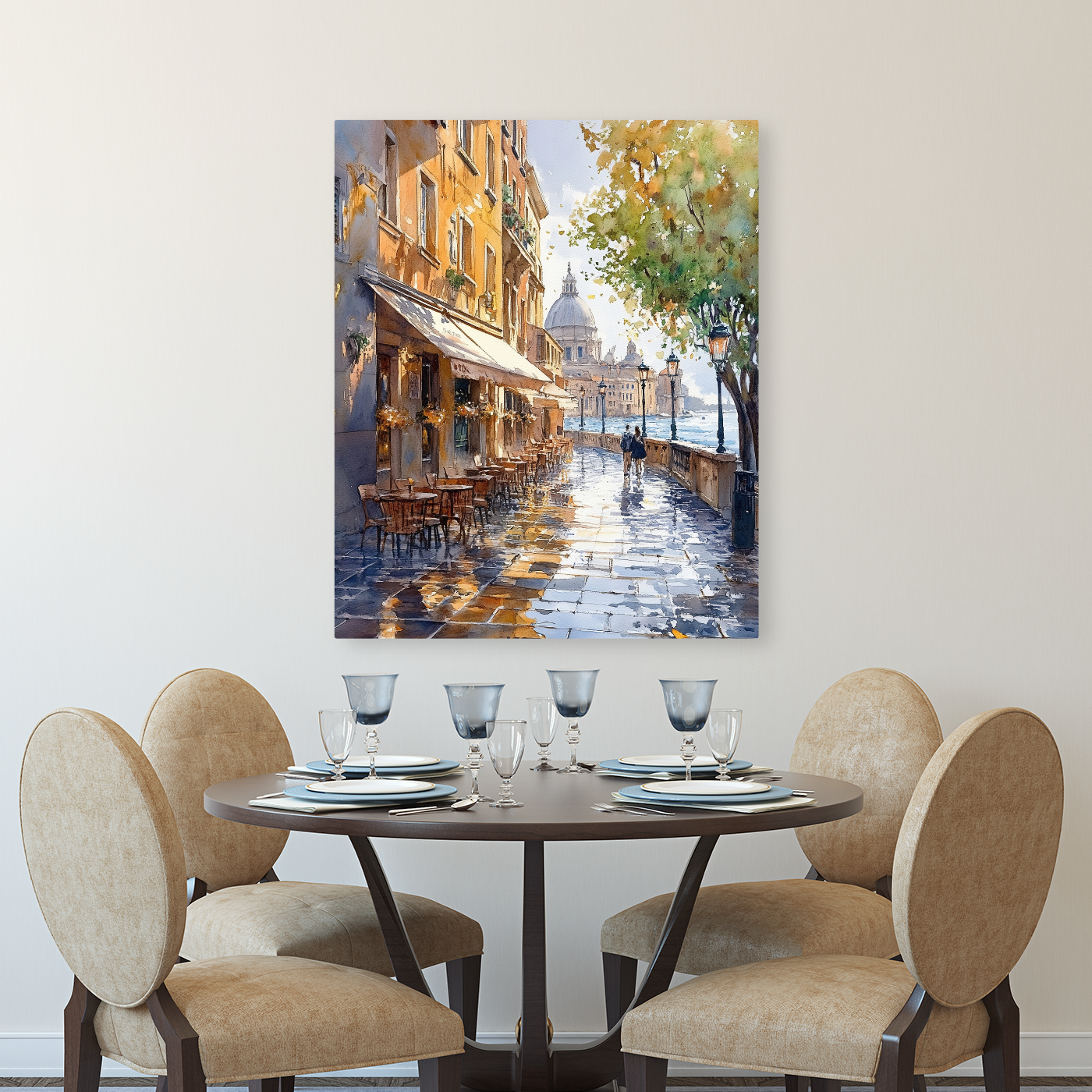 Tablou Canvas Strada Pitoreasca Insorita, Acuarela, Ocru-Albastru IPCVBST-19, Dining Room