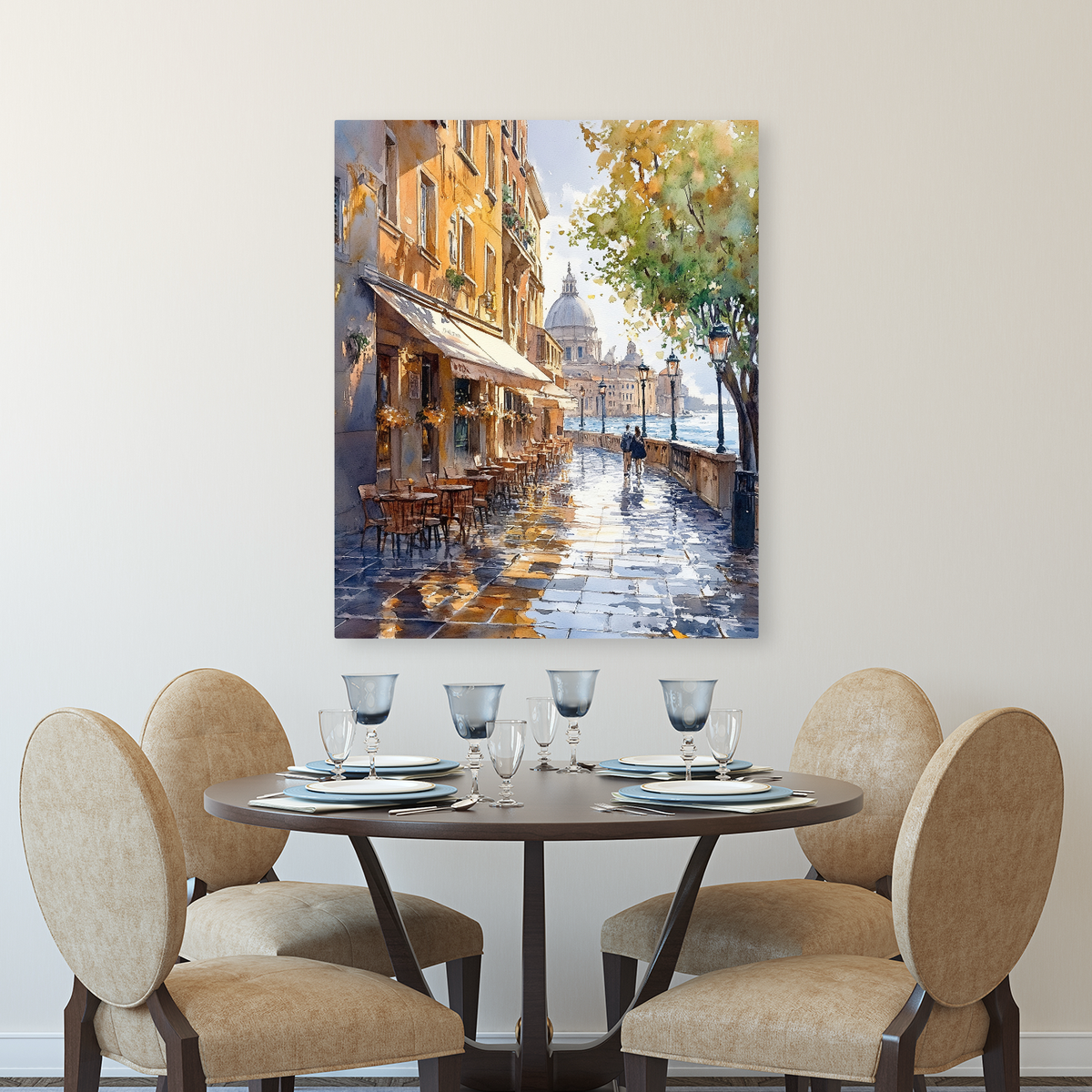 Tablou Canvas Strada Pitoreasca Insorita, Acuarela, Ocru-Albastru IPCVBST-19, Dining Room