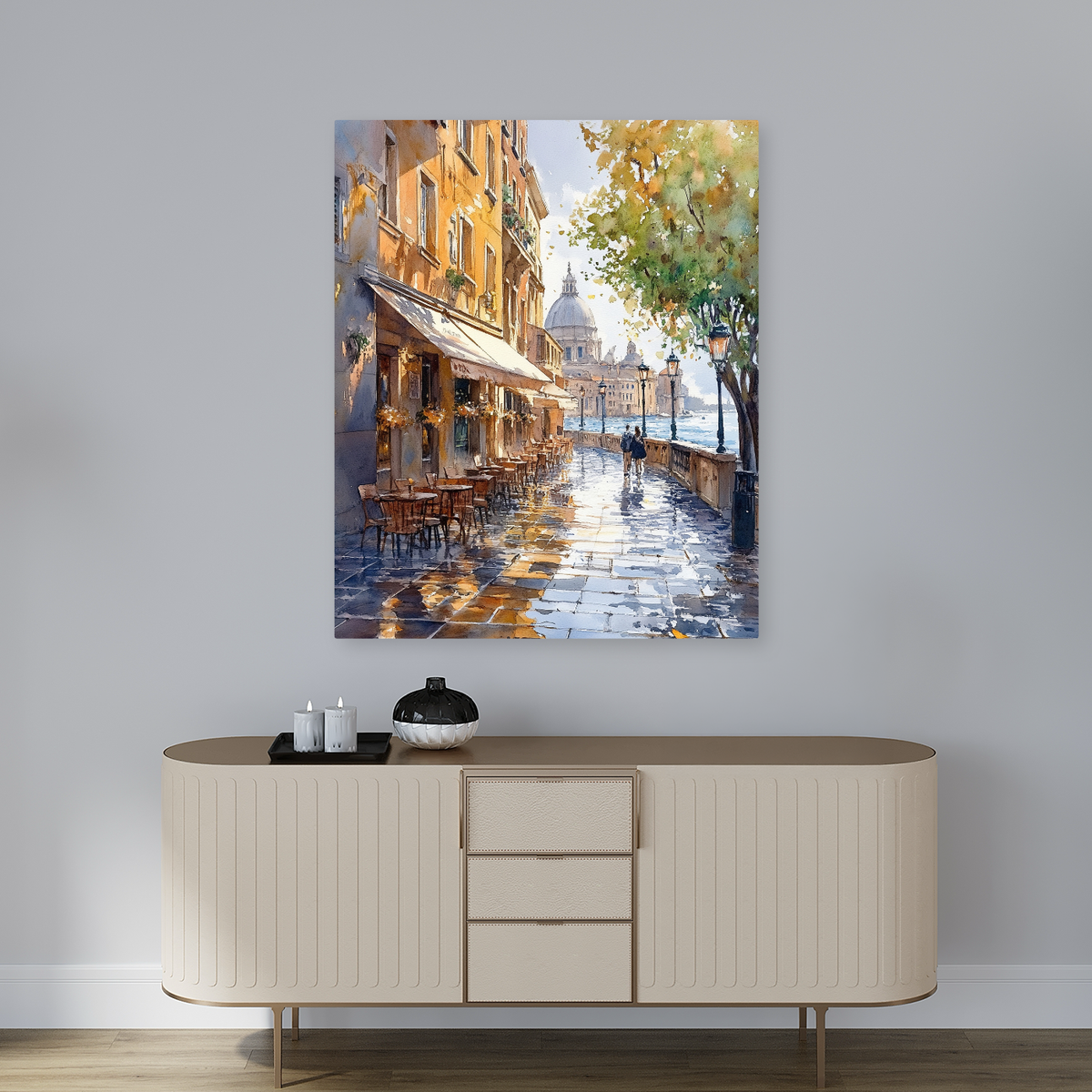 Tablou Canvas Strada Pitoreasca Insorita, Acuarela, Ocru-Albastru IPCVBST-19, Hol Intrare