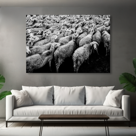 Tablou Canvas Turmă de Oi în Mișcare, Artă Fotografică Alb Negru IPCVANI-297