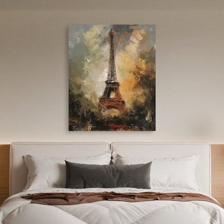 Tablou Canvas Turnul Eiffel Abstract, Pictura Moderna, Ocru-Verde IPCVBST-21, Dormitor