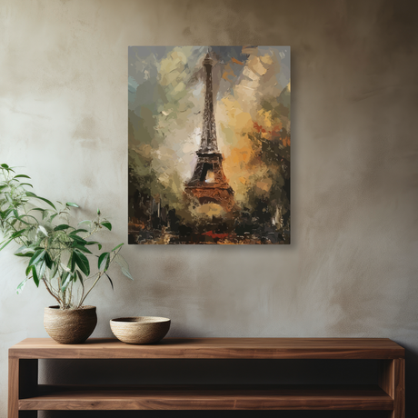 Tablou Canvas Turnul Eiffel Abstract, Pictură Modernă, Ocru-Verde IPCVBST-21, Hol Intrare