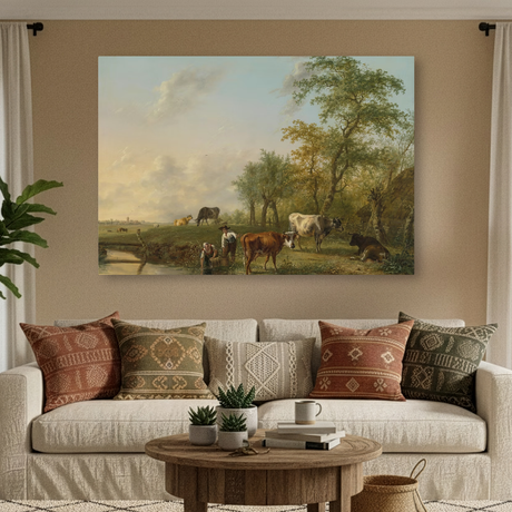 Tablou Canvas Viață Rurală Liniștită, Pictură Clasică, Verde-Bej IPCVART-485
