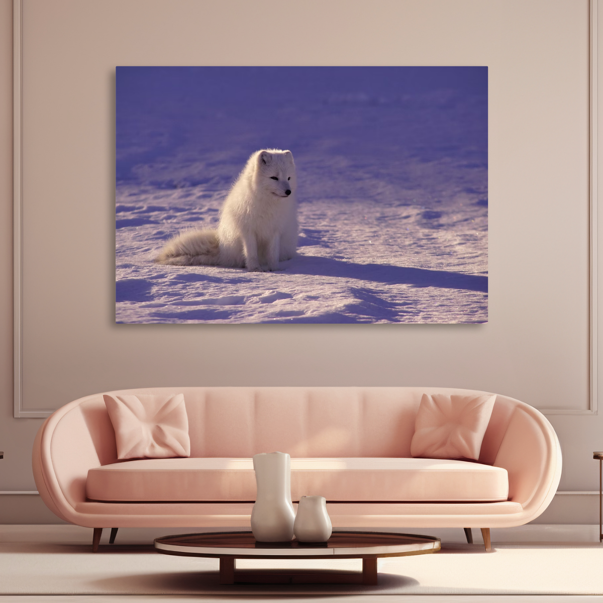 Tablou Canvas Vulpe Polară în Peisaj Arctic, Natură Sălbatică, Alb-Albastru IPCVANI-310