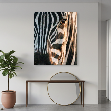 Tablou Canvas Zebră în Lumină Caldă, Fotografie Artistică, Alb-Negru IPCVANI-333