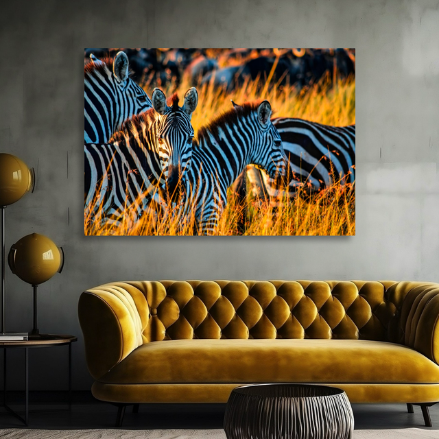 Tablou Canvas Zebre în Savana Africană, Wildlife Natural, Galben-Verde IPCVANI-301